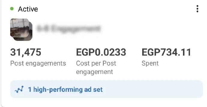 Ads Manager: 31,475 post engagements at EGP0.0233 each, EGP734.11 spent.