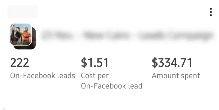Ads Manager: 222 on-Facebook leads at US$1.51 each, US$334.71 spent.